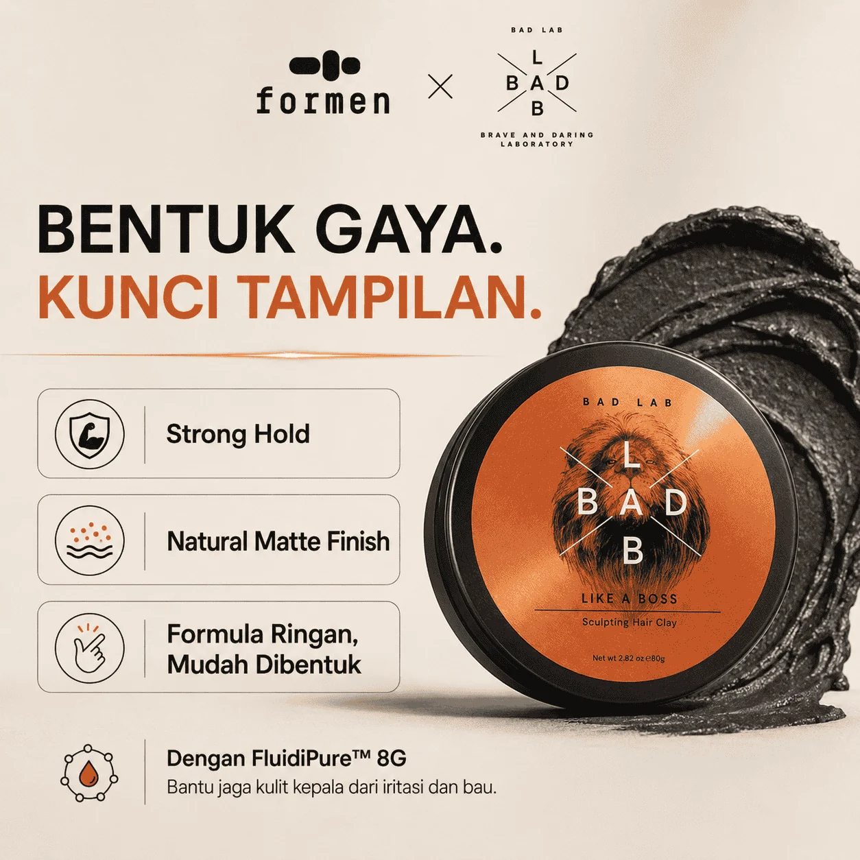 Materi BAD LAB Like a Boss Sculpting Hair Clay dengan daya tahan kuat dan hasil akhir tanpa kilap