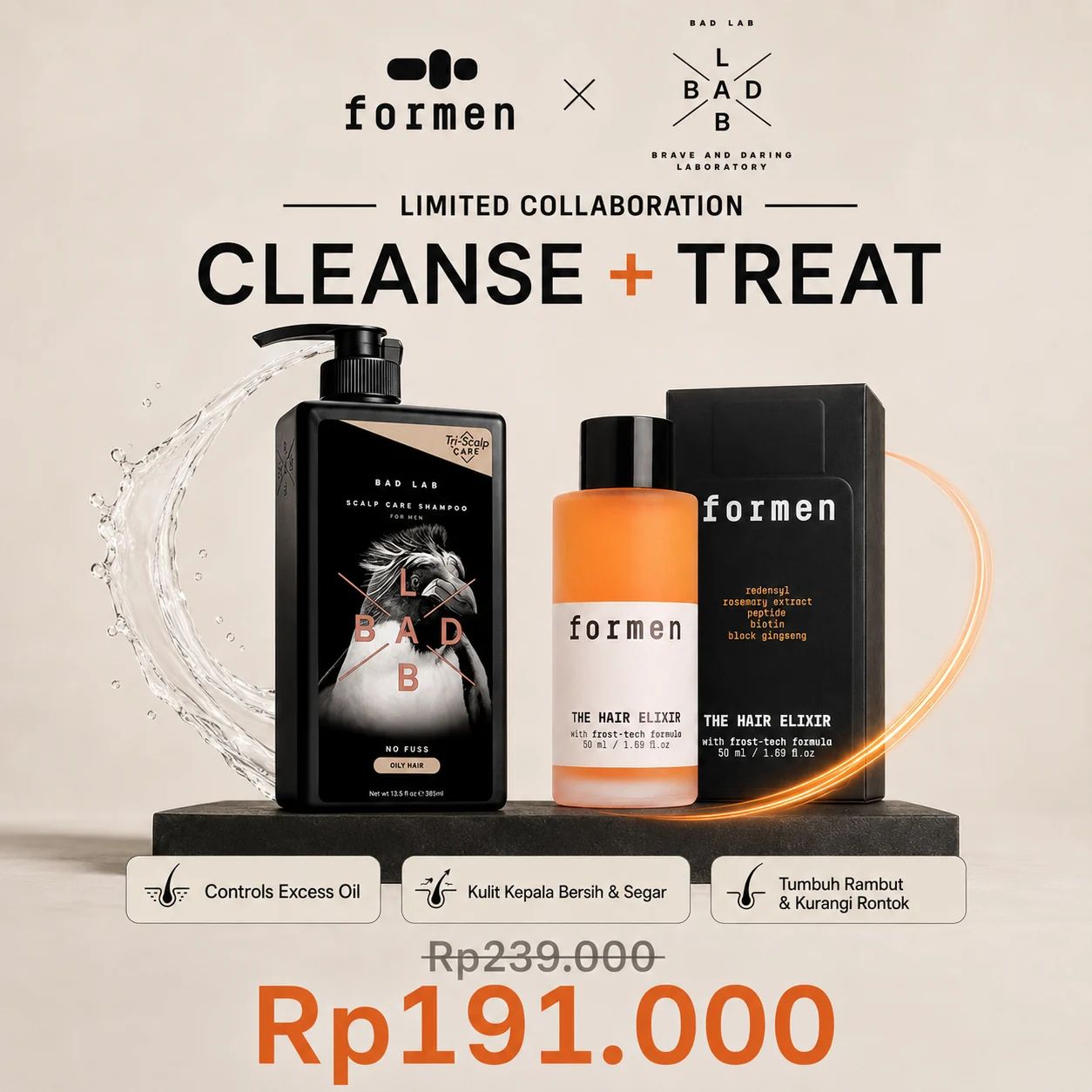 No Fuss Shampoo dan The Hair Elixir dalam paket Bersihkan + Rawat