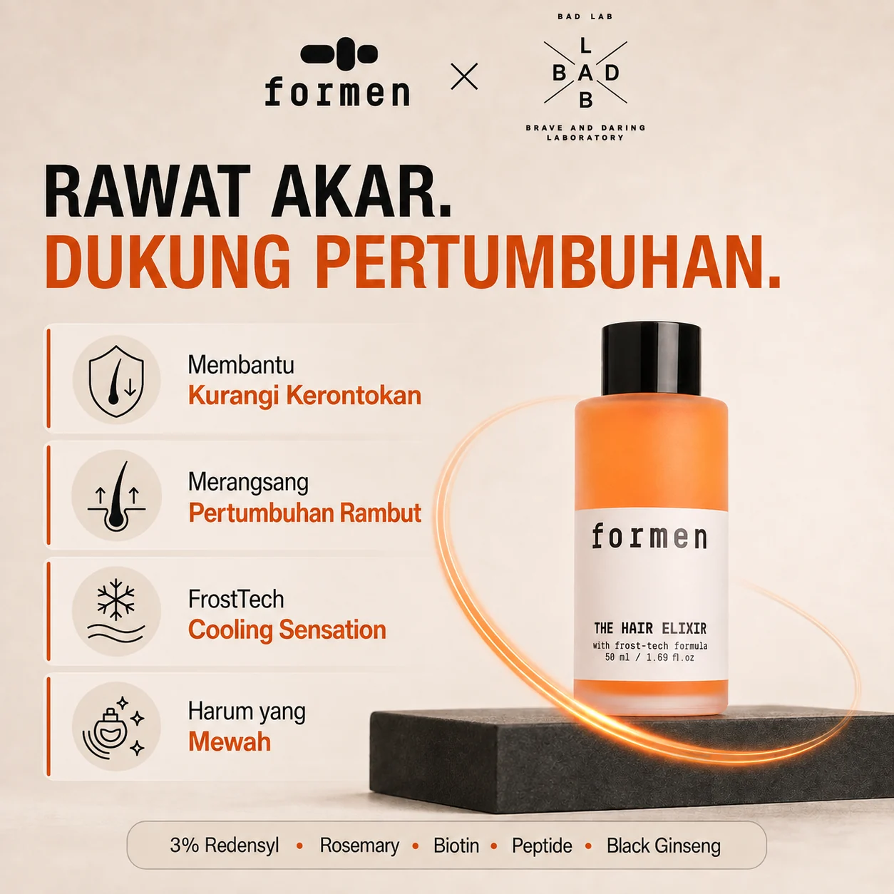 Materi produk FORMEN The Hair Elixir dengan formula FrostTech