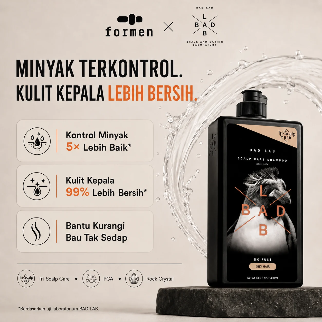 Materi produk BAD LAB No Fuss, sampo untuk rambut berminyak