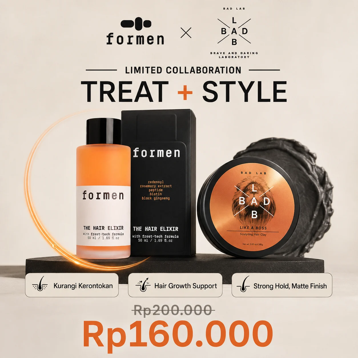 The Hair Elixir dan Like a Boss Clay dalam paket Rawat + Tata