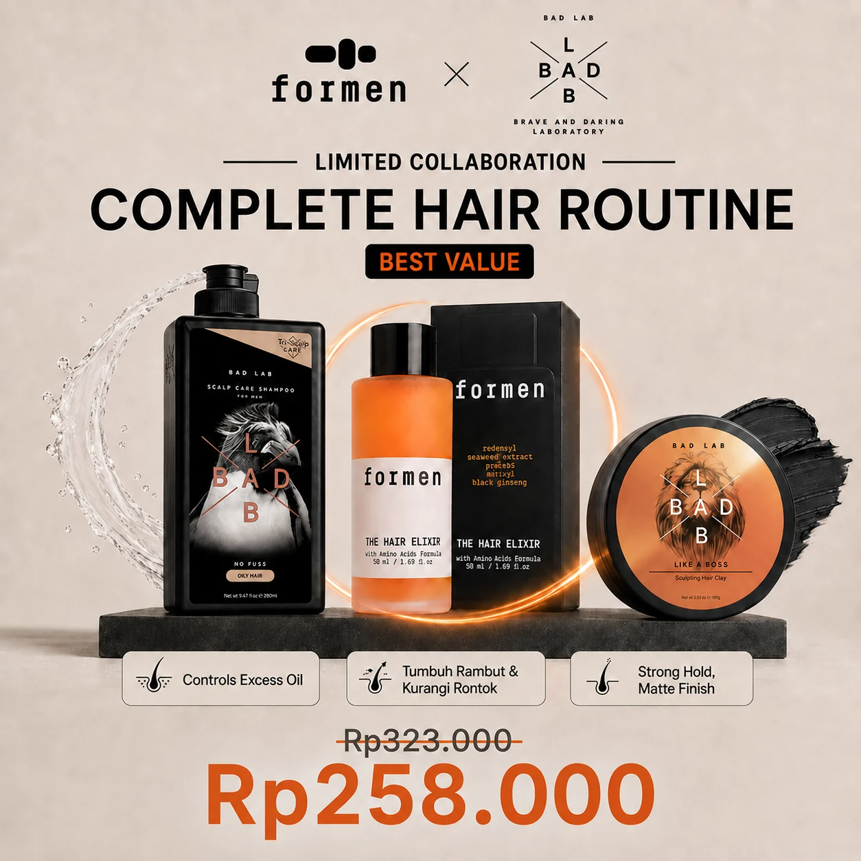 Rangkaian FORMEN × BAD LAB berisi No Fuss Shampoo, The Hair Elixir, dan Like a Boss Clay